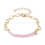 Waxed Cotton Cords Braided Link Bracelets, with Golden Brass Cable Chains, Pearl Pink, 7-1/8 inch(18cm)(BJEW-JB09963-01)
