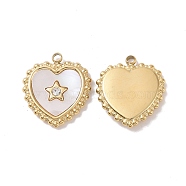Natural White Shell Pendants, with Ion Plating(IP) 304 Stainless Steel Pave Clear Cubic Zirconia Findings, Heart Charm, Real 18K Gold Plated, 17x15x2mm, Hole: 1.4mm(STAS-J400-25G)
