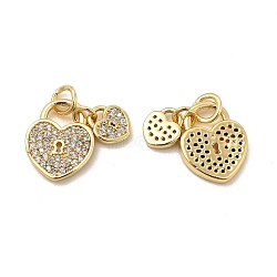 Brass Micro Pave Clear Cubic Zirconia Charms, with Jump Ring, Double Heart Lock Charm, Real 18K Gold Plated, 7x6.5x1.5mm & 13.5x11x1.5mm, Hole: 3.5mm(KK-E068-VB176)