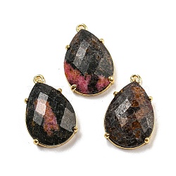 Natural Rhodonite Pendants, Rack Plating Brass Faceted Teardrop Charms, Golden, 24~24.5x16~16.5x7mm, Hole: 1.5mm(G-M431-10G-03)