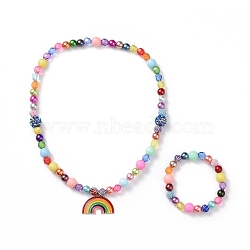 Rainbow Theme Bracelets & Necklaces Sets for Kids, Acrylic Beaded Stretch Bracelets & Alloy Enamel Pendant Necklaces, Mixed Color, Necklace: 16.54 inch(42cm), Bracelet: 1-3/4 inch(4.6cm)(SJEW-JS01266)