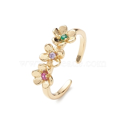 Flower Colorful Cubic Zirconia Cuff Ring, Open Ring Jewelry for Women, Real 16K Gold Plated, 1.7mm, Inner Diameter: 18mm(RJEW-M146-06G)