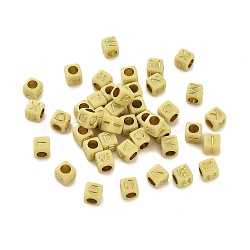 Opaque Acrylic Beads, Cube with Letter, Golden Metal Enlaced, Pale Goldenrod, 6x6x9mm, Hole: 3mm, about 3125pcs/500g(OACR-H046-01C)