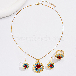 Flower Cubic Zirconia Jewelry Set for Women, Brass Dangle Earring & Adjustable Rings & Pendant Necklaces, Real 18K Gold Plated, 17-3/4 inch(45cm), 16~18mm, 27x18mm(ZS8353-1)