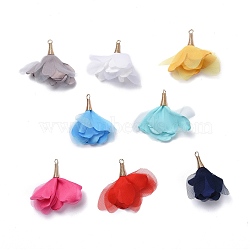 Cloth Pendants, with Gauze and Iron Findings, Flower, Golden, Mixed Color, 50~58x20~30mm, Hole: 3mm(FIND-S300-02)