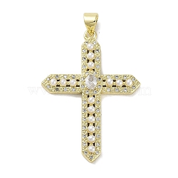 Rack Plating Brass Micro Pave Cubic Zirconia & Imitation Pearl Pendants, Lead Free & Cadmium Free, Long-Lasting Plated, Real 18K Gold Plated, Cross, White, 36x26x4mm, Hole: 4.5x3mm(KK-R163-02G-01)