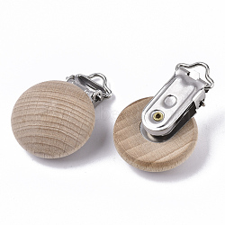 Natural Beech Wood Baby Pacifier Holder Clips, with Iron Clips, Half Round, Platinum, Tan, 44.5x30x17.5mm, Hole: 7x3mm, Half Round: 30mm(WOOD-S055-10)