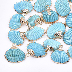 Spray Paint & Electroplate Sea Shell Pendants, with Iron Findings, Light Gold, Sky Blue, 16~26x17~28x7~10mm, Hole: 2mm(SSHEL-S262-08C)