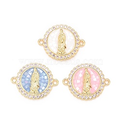 Brass Clear Cubic Zirconia Connector Charms, with Shell,  Real 18K Gold Plated, Lead Free & Cadmium Free, Flat Round with Virgin Mary, Colorful, 23x18x3mm, Hole: 1.6mm(KK-A161-05G)