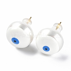 Natural Shell Evil Eye Stud Earrings with Enamel, Real 18K Gold Plated Brass Jewelry for Women, White, 14mm, Pin: 0.8mm(EJEW-G334-06I)
