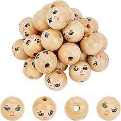 Fingerinspire 30Pcs Natural Wood Beads, Round with Smile Face, BurlyWood, 21.5x20.5mm, Hole: 4.5mm, 30pcs(WOOD-FG0001-15A)