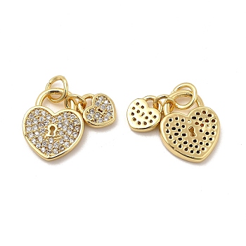 Brass Micro Pave Clear Cubic Zirconia Charms, with Jump Ring, Double Heart Lock Charm, Real 18K Gold Plated, 7x6.5x1.5mm & 13.5x11x1.5mm, Hole: 3.5mm