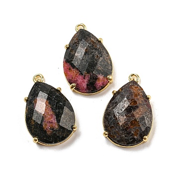 Natural Rhodonite Pendants, Rack Plating Brass Faceted Teardrop Charms, Golden, 24~24.5x16~16.5x7mm, Hole: 1.5mm