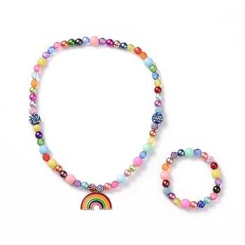Rainbow Theme Bracelets & Necklaces Sets for Kids, Acrylic Beaded Stretch Bracelets & Alloy Enamel Pendant Necklaces, Mixed Color, Necklace: 16.54 inch(42cm), Bracelet: 1-3/4 inch(4.6cm)