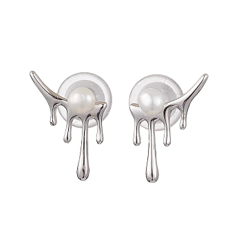 Natural Pearl Ear Studs, with Sterling Silver Findings, Platinum, 17x12mm