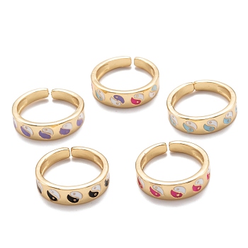 Brass Enamel Cuff Rings, Open Rings, Long-Lasting Plated, YinYang, Golden, Mixed Color, US Size 6 3/4(17.1mm)