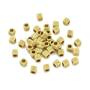 Opaque Acrylic Beads, Cube with Letter, Golden Metal Enlaced, Pale Goldenrod, 6x6x9mm, Hole: 3mm, about 3125pcs/500g