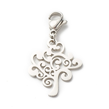 Tree 304 Stainless Steel Pendant Decorations, with 304 Stainless Steel Lobster Claw Clasps & Open Jump Rings, Stainless Steel Color, 30mm