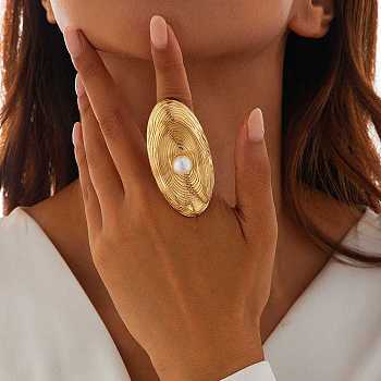 Oval Alloy Adjustable Rings for Women, with Plastic Imitation Pearls, Light Gold, Oval: 59x29.5mm, Inner Diameter: 18mm