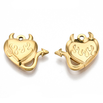 201 Stainless Steel Pendants, Evil Heart Charm, Real 18K Gold Plated, 18.5x20x3mm, Hole: 1.6mm