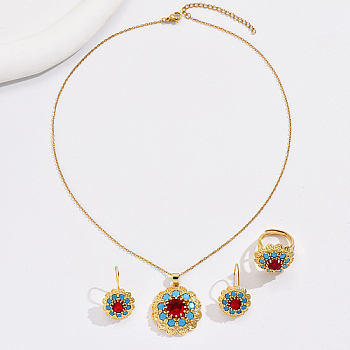 Flower Cubic Zirconia Jewelry Set for Women, Brass Dangle Earring & Adjustable Rings & Pendant Necklaces, Real 18K Gold Plated, 17-3/4 inch(45cm), 16~18mm, 27x18mm