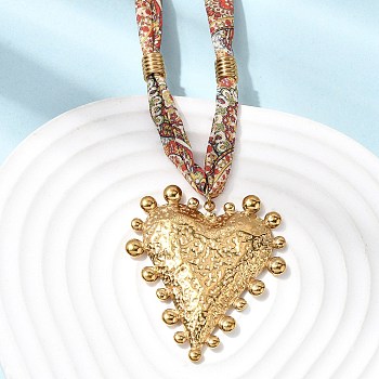 304 Stainless Steel Heart Pendant Printed Silk Ribbon Necklaces for Women, Colorful, Golden, 16.14 inch(41cm)