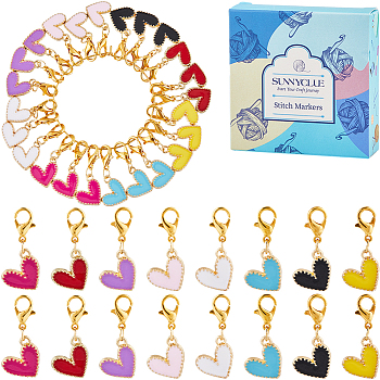 24Pcs 8 Colors Heart Alloy Enamel Pendant Locking Stitch Markers, Crochet Lobster Clasp Charms, Mixed Color, 2.8cm, 3pcs/color