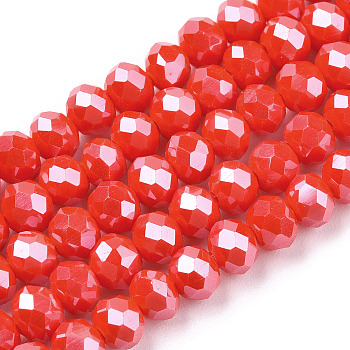 Electroplate Glass Beads Strands, Pearl Luster Plated, Faceted, Rondelle, Red, 3.5~3.8x3mm, Hole: 0.4mm, about 113~115pcs/strand, 32.5~33cm