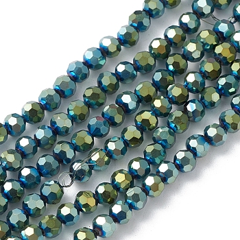 Electroplate Glass Beads Strands, Faceted, Rondelle, Green, 4x4mm, Hole: 0.9mm, about 95pcs/strand, 14.41''(36.6cm)
