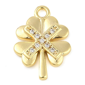 Cross Theme Real 18K Gold Plated Brass Micro Pave Clear Cubic Zirconia Pendants, Clover, 16x11.5x2mm, Hole: 1.6mm