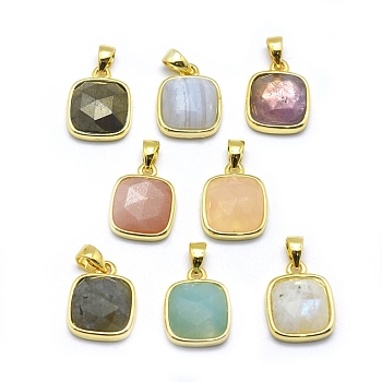 Natural Mixed Stone Pendants, with Golden Tone Brass Findings, Square, Faceted, 13x11x5mm, Hole: 3.5x5.5mm