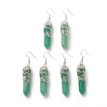 Natural Green Aventurine Bullet with Flower Dangle Earrings, Platinum Tone Brass Jewelry for Women, Cadmium Free & Lead Free, 62~63mm, Pin: 0.6mm