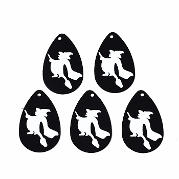 Spray Painted Iron Pendants, Rubberized Style, 3D Printed,  Halloween Witch Print Pattern, Teardrop, White, 27.5x18x0.5mm, Hole: 1.2mm