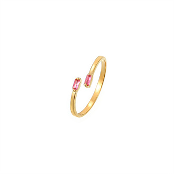 Golden Stainless Steel Cuff Ring, with Glass, Rectangle, Deep Pink, Inner Diameter: 20mm