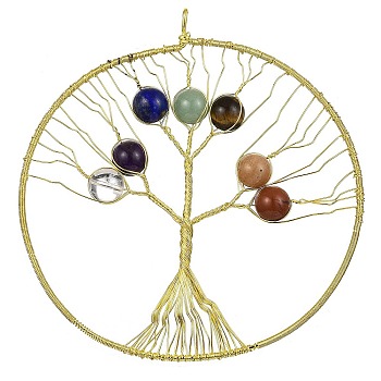 Rack Plating Copper Wired Natural Quartz Crystal & Amethyst & Lapis Lauli & Green Aventurine & Red Aventurine & Red Jasper & Tiger Eye Chakra Big Pendants, Flat Round with Tree of Life Charms, Golden, 160x154x16mm, Hole: 7x5.5mm