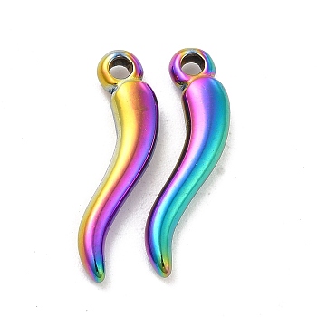 Ion Plating(IP) 304 Stainless Steel Pendants, Horn of Plenty/Italian Horn Cornicello Charms, Rainbow Color, 20x6x3mm, Hole: 1.6mm