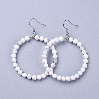 Natural Howlite Dangle Earrings, with Stainless Steel Hook, Ring, 60~61x44mm, Pin: 0.6mm