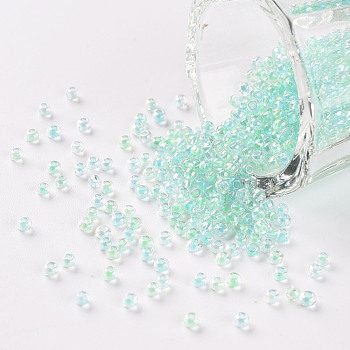 11/0 Grade A Round Glass Seed Beads, Transparent Inside Colours, AB Color Plated, Aquamarine, 2.3x1.5mm, Hole: 1mm, about 48500pcs/pound
