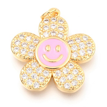 Brass Micro Pave Clear Cubic Zirconia Pendants, with Enamel and Jump Rings, Long-Lasting Plated, Flower with Smiling Face, Real 18K Gold Plated, Pearl Pink, 24x22x3mm, Hole: 3mm