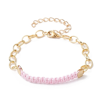 Waxed Cotton Cords Braided Link Bracelets, with Golden Brass Cable Chains, Pearl Pink, 7-1/8 inch(18cm)
