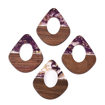 Transparent Resin and Walnut Wood Pendants, Hollow Teardrop Charms with Gold Foil, Purple, 48x41x4mm, Hole: 2mm