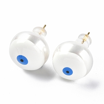 Natural Shell Evil Eye Stud Earrings with Enamel, Real 18K Gold Plated Brass Jewelry for Women, White, 14mm, Pin: 0.8mm