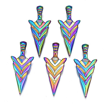 Rainbow Color Alloy Pendants, Cadmium Free & Nickel Free & Lead Free, Sword Shapes, 47x20x9.5mm, Hole: 6mm