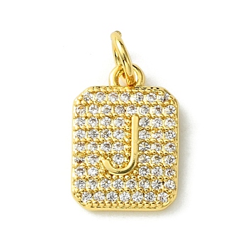 Rack Plating Brass Micro Pave Clear Cubic Zirconia Charms, Long-Lasting Plated, Lead Free & Cadmium Free, Rectangle with Letter Pattern, with Jump Ring, Real 18K Gold Plated, Letter J, 14x9.5x2mm, Hole: 3mm