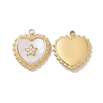 Natural White Shell Pendants, with Ion Plating(IP) 304 Stainless Steel Pave Clear Cubic Zirconia Findings, Heart Charm, Real 18K Gold Plated, 17x15x2mm, Hole: 1.4mm