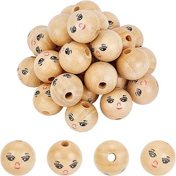 Fingerinspire 30Pcs Natural Wood Beads, Round with Smile Face, BurlyWood, 21.5x20.5mm, Hole: 4.5mm, 30pcs