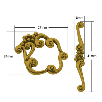 Alloy Toggle Clasps, Cadmium Free & Lead Free & Nickel Free, Antique Golden, Flower: 24x27x2mm, Bar: 41x6x2mm, Hole: 1.5mm