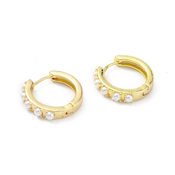 Circle Ring Rack Plating Brass Plastic Pearl Bead Hoop Earrings for Women, Long-Lasting Plated, Lead Free & Cadmium Free, Real 18K Gold Plated, 18.5x21x4mm, Pin: 0.9mm