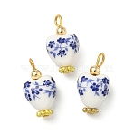 Handmade Printed Porcelain Pendants, with Iron Loops, Heart with Flower Pattern Charms, Golden, 22~22.5x12x9.5mm, Hole: 2.7~3.5mm(PALLOY-JF04404)