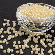6/0 Glass Seed Beads, Ceylon, Round, Round Hole, Champagne Yellow, 6/0, 4mm, Hole: 1.5mm, about 500pcs/50g, 50g/bag, 18bags/2pounds(SEED-US0003-4mm-153)